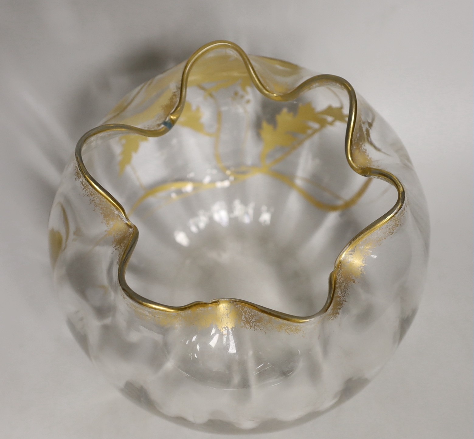 A Bohemian gilt decorated glass bud shaped bowl, early 20th century, 19cms high